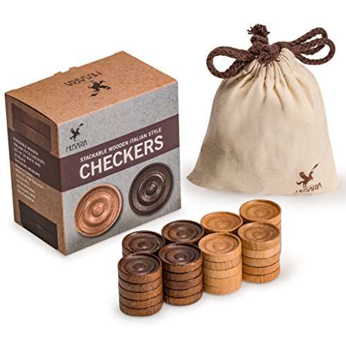 Wooden Checkers, Italian Style Checker Pieces with Stackable Ridges and Drawstring Pouch, 20 Pieces