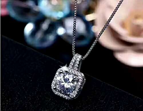 Cubic Zirconia Pendant Necklace, 2ct Round Cut Clear Crystal White Gold Plated Silver Halo Pendant