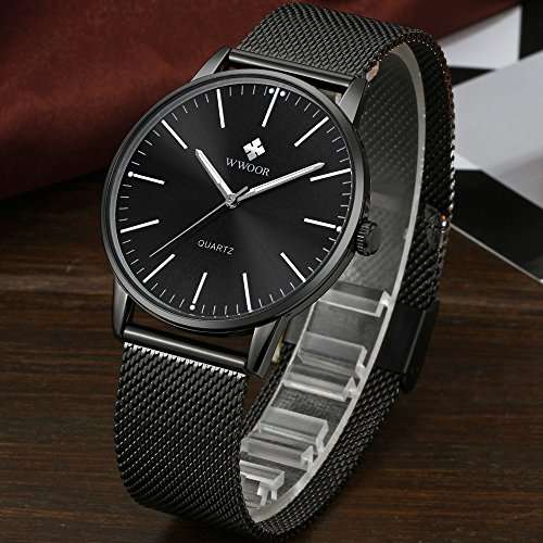 Mens Simple Slim Watch Analog Quartz Waterproof Black Stainless Steel Mesh Band Thin Cas..