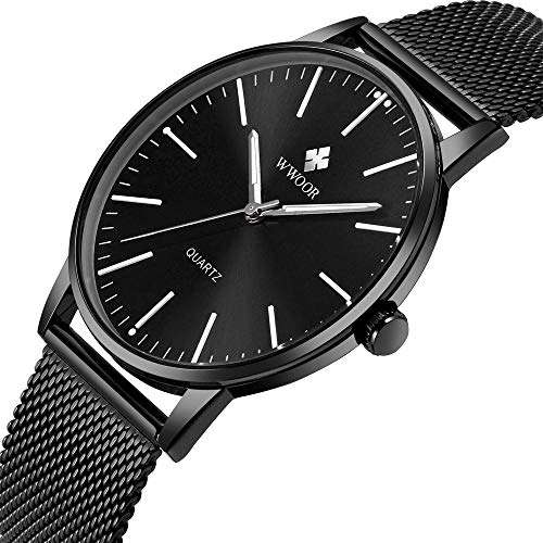 Mens Simple Slim Watch Analog Quartz Waterproof Black Stainless Steel Mesh Band Thin Cas..