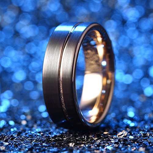 Three Keys Jewelry 8mm Brown Tungsten Wedding Ring Thin Side Rose Gold Grooved Mens Engagement Ring
