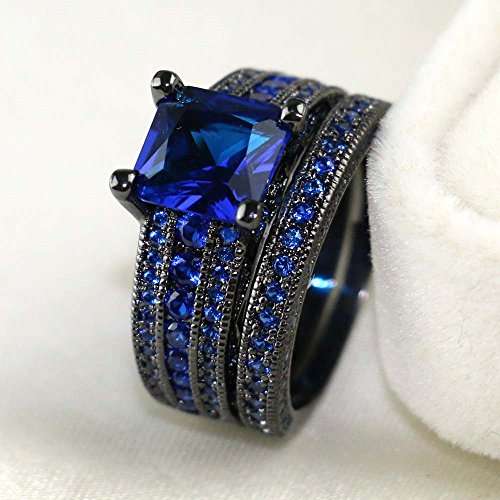 LOVERSRING His and Hers Wedding Ring Sets Couples Rings Women 10K Black Gold Filled Blue..