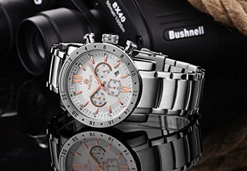 Voeons Mens Watches Stainless Steel Wristwatch Chronograph 3ATM Waterproof Mens Watches Silver