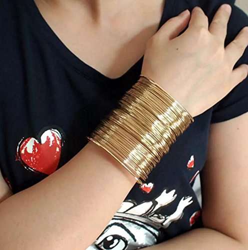 QTMY Alloy Metal Gold Thin Thread Wire Open Cuff Wide Bracelet Bangle