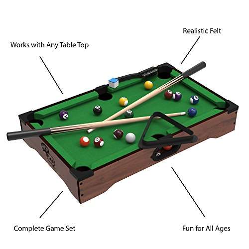 Mini Tabletop Pool Set- Billiards Game Includes Game Balls, Sticks, Chalk, Brush and Triangle-Porta