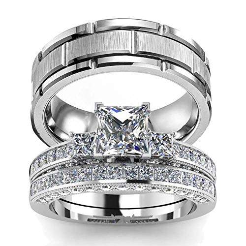 wedding ring set Two Rings His Hers Couples Matching Rings Women's 2pc White Gold Filled..