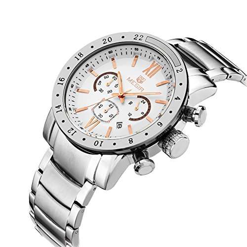 Voeons Mens Watches Stainless Steel Wristwatch Chronograph 3ATM Waterproof Mens Watches Silver