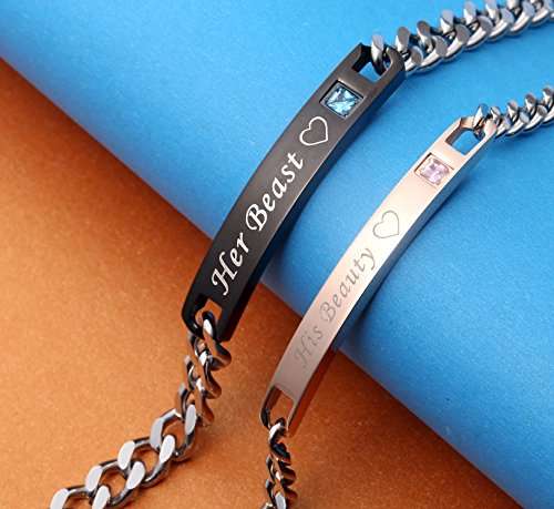 His or Hers Matching Set His Beauty Her Beast Titanium Stainless Steel Couple Bracelet in a Gift Bo
