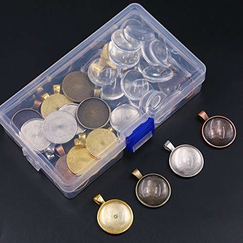 Glarks 56Pcs 4 Colors Pendant Trays Round Bezel with Glass Cabochon Round Clear Dome Tiles for Craf