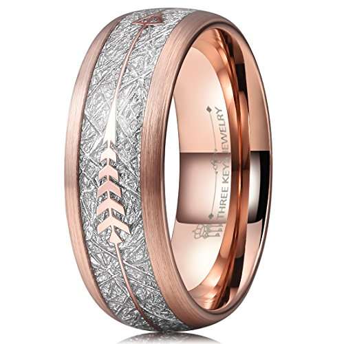 Three Keys 8mm Tungsten Wedding Ring for Men Domed Imitated Meteorite Arrows Inlay Rose ..