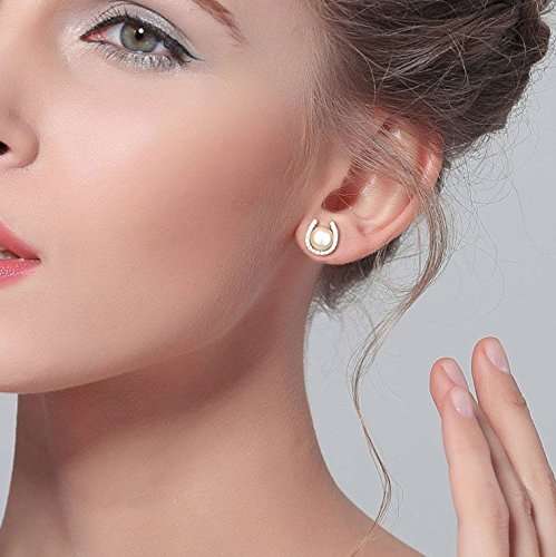 EVER FAITH 925 Sterling Silver CZ 8MM AAA Freshwater Cultured Pearl Lucky Horseshoe Stud Earrings C