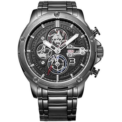 BUREI Men Chronograph Sports Wrist Watches with Black Dial Metal Bracelet