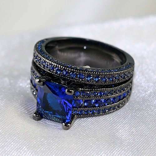 LOVERSRING His and Hers Wedding Ring Sets Couples Rings Women 10K Black Gold Filled Blue..