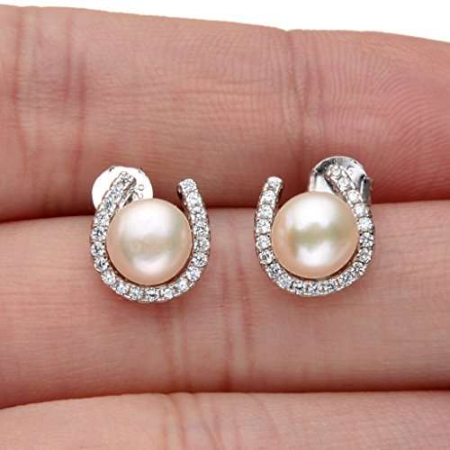EVER FAITH 925 Sterling Silver CZ 8MM AAA Freshwater Cultured Pearl Lucky Horseshoe Stud Earrings C