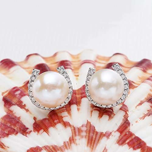 EVER FAITH 925 Sterling Silver CZ 8MM AAA Freshwater Cultured Pearl Lucky Horseshoe Stud Earrings C