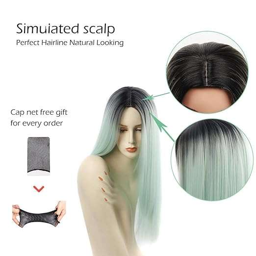 Wigs Long Straight Ombre Wig Heat Resistant Fiber Mint Green Black Roots Full Wigs for Woman