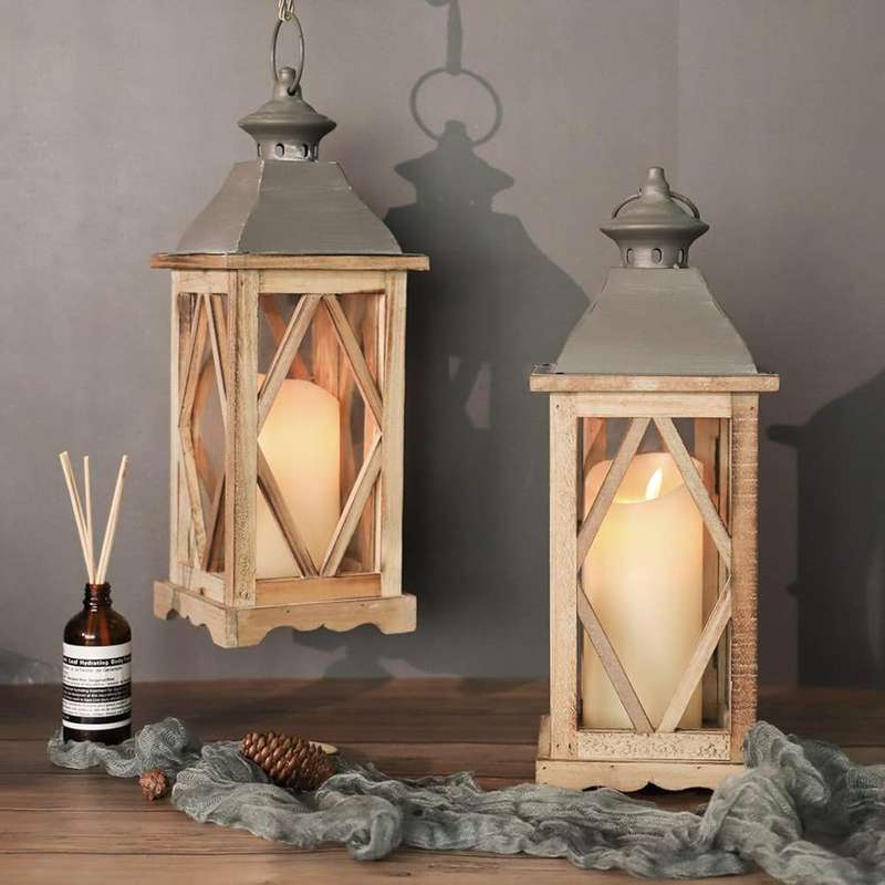 Wooden Decorative Glass Candle Lantern Vintage Rustic Large Hanging Candle Holder For Indoor Outdoor