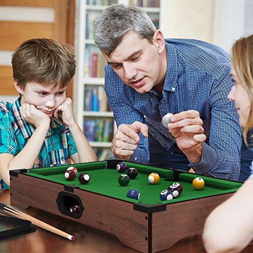 Mini Tabletop Pool Set- Billiards Game Includes Game Balls, Sticks, Chalk, Brush and Triangle-Porta