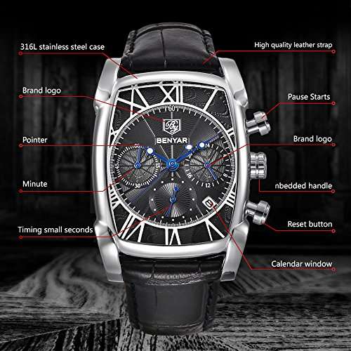 Mens Watches Brown Leather Strap Benyar Rectangle Watches Waterproof Chronograph Classic Watches Bu