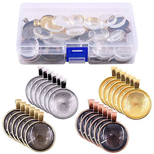 Glarks 56Pcs 4 Colors Pendant Trays Round Bezel with Glass Cabochon Round Clear Dome Tiles for Craf