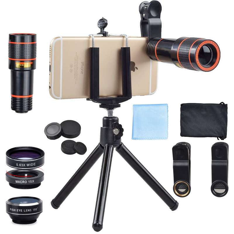 Apexel 4 in 1 12x Zoom Telephoto Lens + Fisheye + Wide Angle + Macro Lens wit...