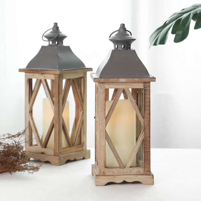 Wooden Decorative Glass Candle Lantern Vintage Rustic Large Hanging Candle Holder For Indoor Outdoor