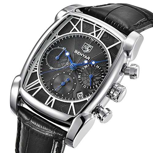 Mens Watches Brown Leather Strap Benyar Rectangle Watches Waterproof Chronograph Classic Watches Bu