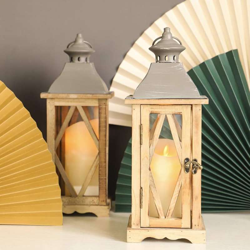 Wooden Decorative Glass Candle Lantern Vintage Rustic Large Hanging Candle Holder For Indoor Outdoor