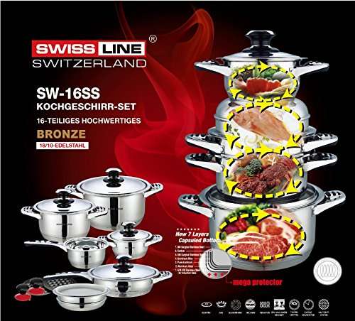 Swiss Line - 16 Pieces 18/10 Stainless Steel Cookware Set in a Briefcase