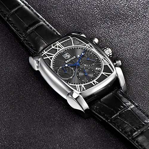 Mens Watches Brown Leather Strap Benyar Rectangle Watches Waterproof Chronograph Classic Watches Bu