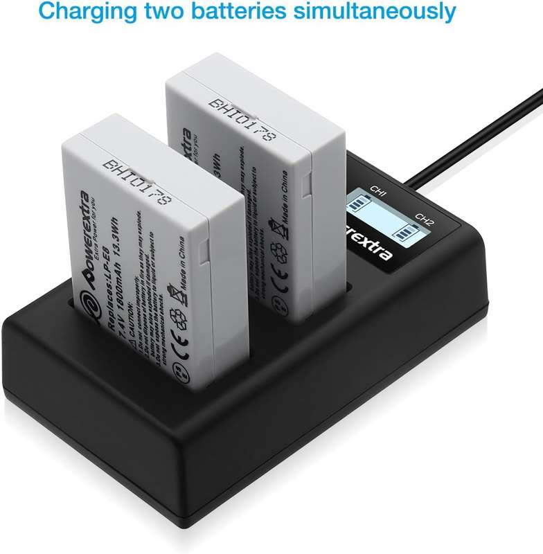 POWEREXTRA 2 PACK CANON LP-E8 REPLACEMENT BATTERY AND DUAL LCD CHARGER COMPATIBLE WITH CANON REBEL T