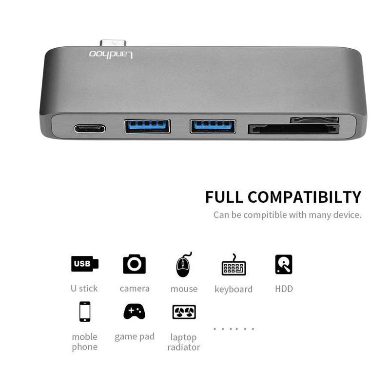 Type-C USB 3.0 5 in 1 Combo Hub for MacBook, Aluminum Multi-Port Adapter with USB-C Charging Port