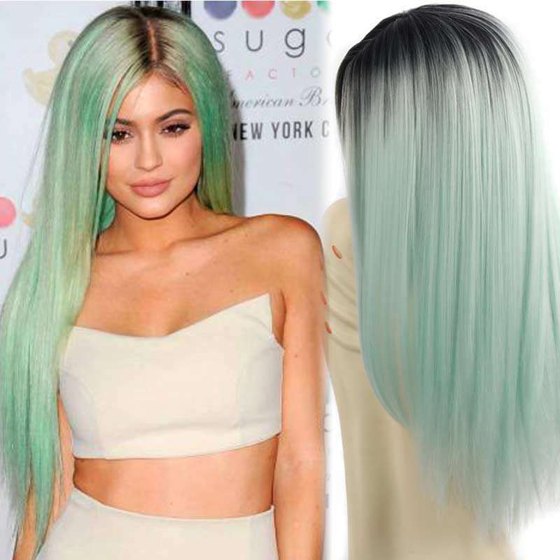 Wigs Long Straight Ombre Wig Heat Resistant Fiber Mint Green Black Roots Full Wigs for Woman
