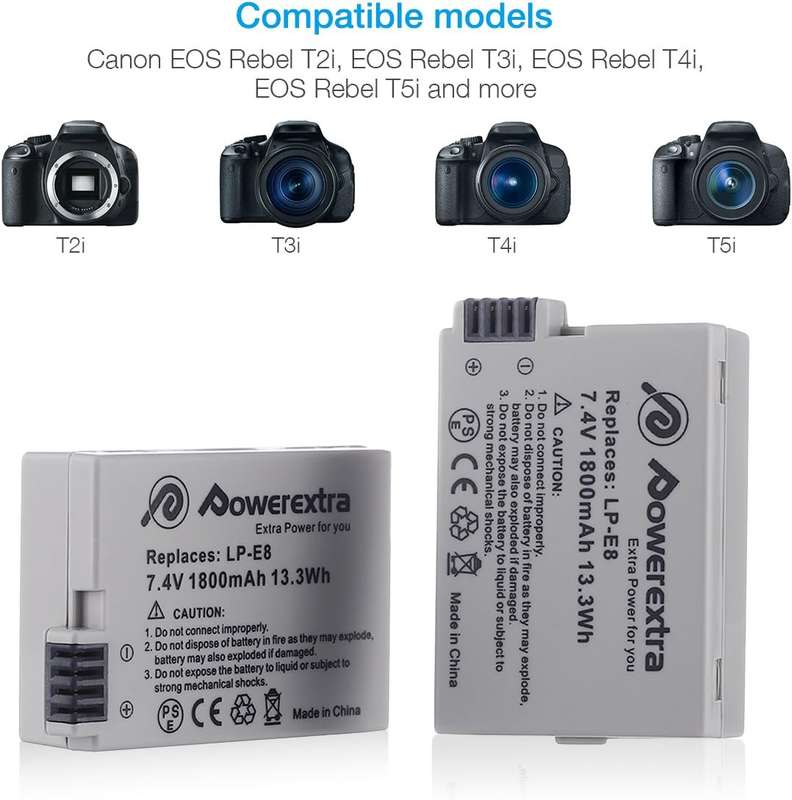 POWEREXTRA 2 PACK CANON LP-E8 REPLACEMENT BATTERY AND DUAL LCD CHARGER COMPATIBLE WITH CANON REBEL T