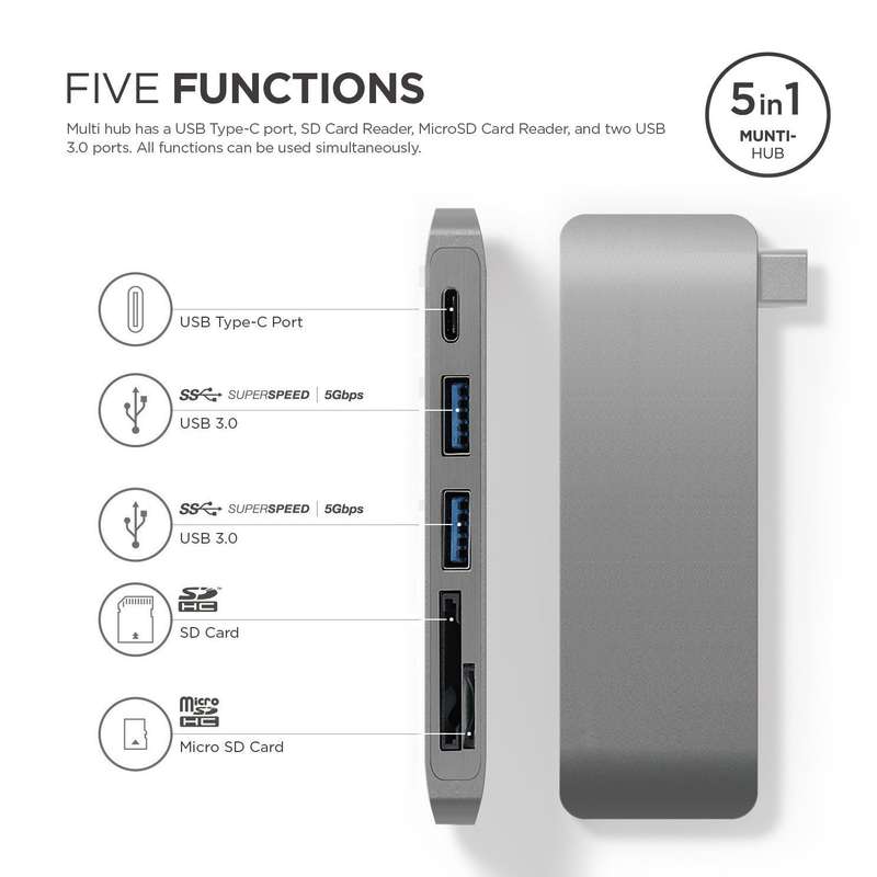 Type-C USB 3.0 5 in 1 Combo Hub for MacBook, Aluminum Multi-Port Adapter with USB-C Charging Port