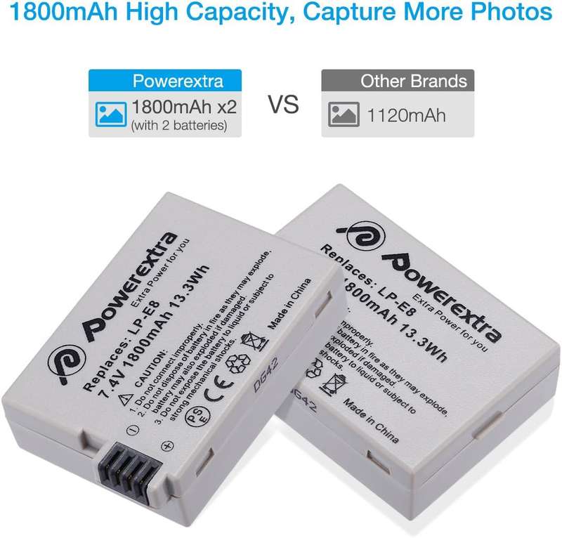 POWEREXTRA 2 PACK CANON LP-E8 REPLACEMENT BATTERY AND DUAL LCD CHARGER COMPATIBLE WITH CANON REBEL T