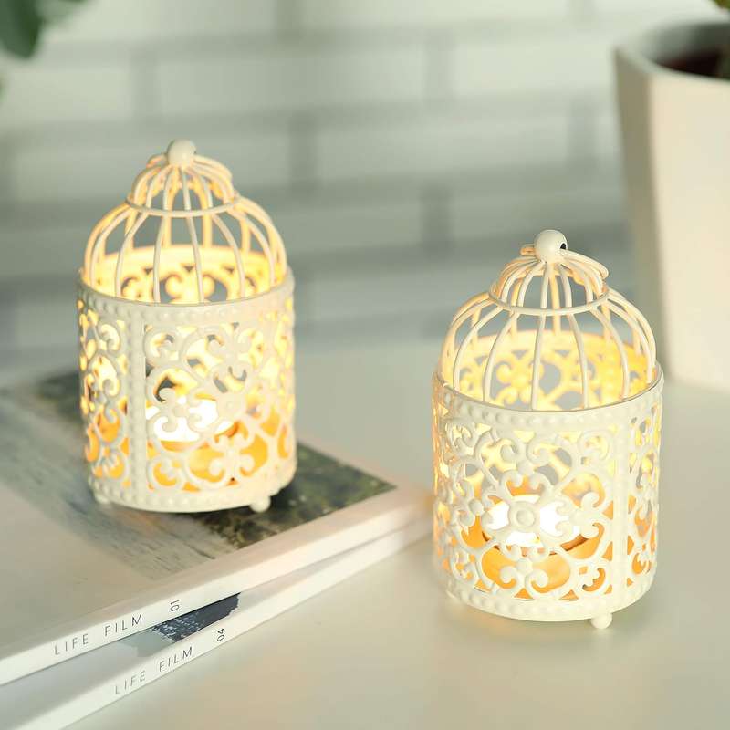 JHY DESIGN 2 Pack Small Metal Candle Stick Holder Hanging Birdcage Tealight Lantern Hollow Candle