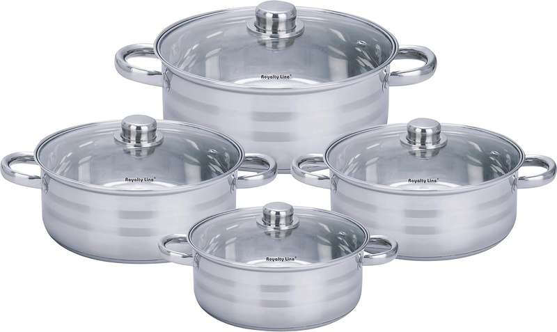 Royalty Line - 8 Pieces Stainless Steel Stock Pot Set with Glass Lids - Silver