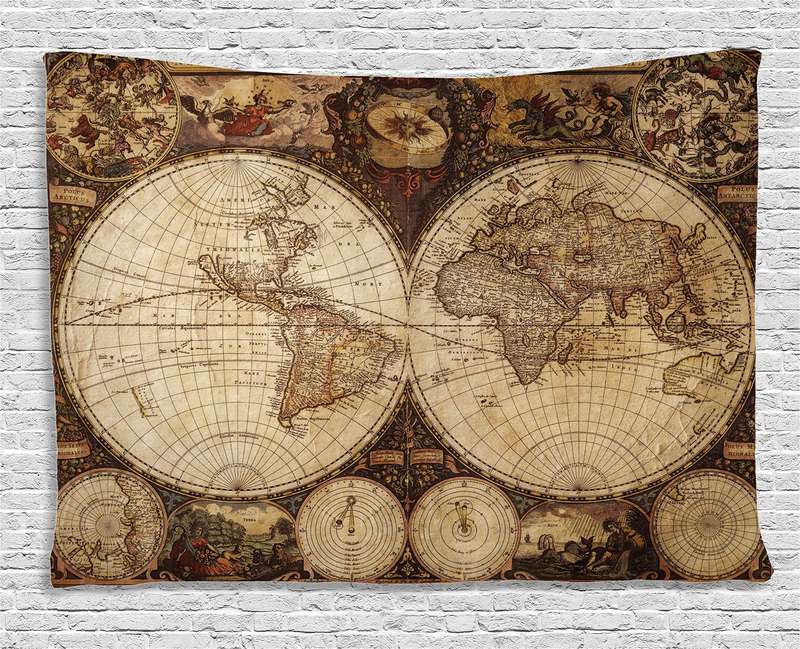 Wanderlust Decor Tapestry by Ambesonne Image of Old World Map Made in 1720s N...