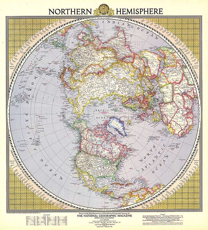 Vintage National Geographic 1946 Northern Hemisphere Map . Size: 550mm x 610mm