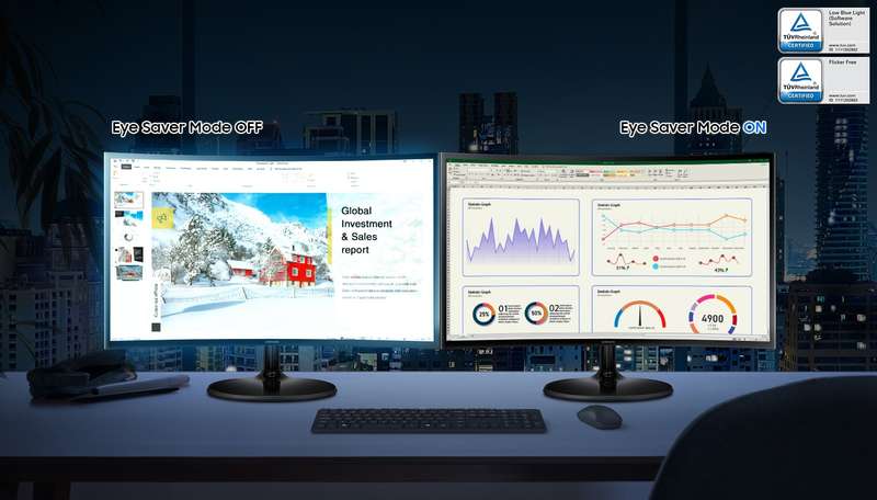 Eye Saver Mode OFF and Eye Saver Mode ON monitors are placed side by side on the desk at night. The monitor in Eye Saver Mode OFF causes high eye fatigue due to blue light. The monitor in Eye Saver Mode ON blocks blue light to reduce eye fatigue. At the top is the TÃœV Rheinland certification mark.