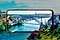 An illustration of a cityscape with a river running through and a bridge connecting two sides. A large screen of Galaxy A16 in the center displays a real photo of the scene. A boat on the river appears as if coming out of the screen, showcasing the device's immersive display quality.