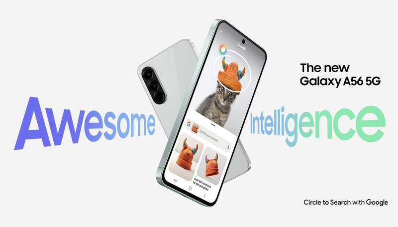 Two Galaxy A56 5G devices forming an X shape. The one in the back is in rear view. The one in the front has Circle to Search feature onscreen. Text Awesome Intelligence and The new Galaxy A56 5G can be seen. Text Circle to Search with Google is at the bottom right.