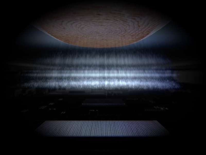 A finger touching the Infinity-O Display with purple pulses emitted by Ultrasonic Fingerprint
