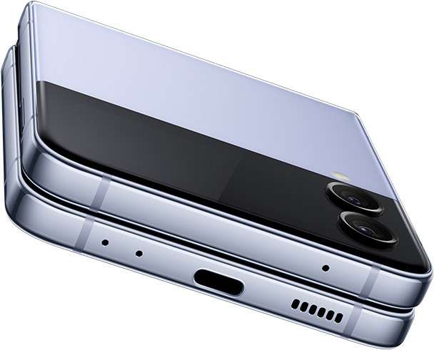 Multiple instances of the same closed Galaxy Z Flip4 are seen from multiple angles. They are surrounded by a splash of water.