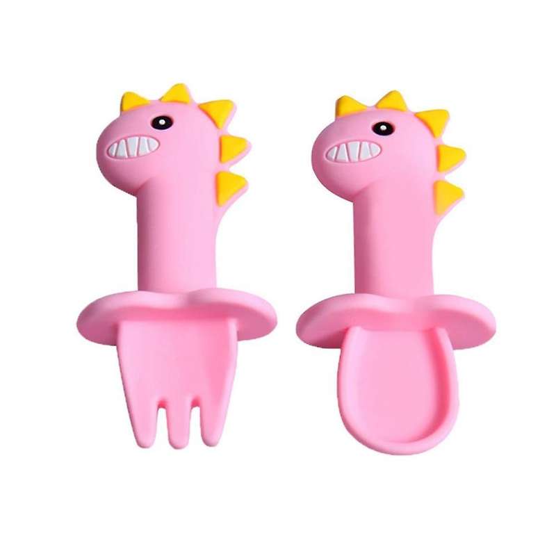 Baby Learning Spoon Fork Set Short Handle Easy Spoon Soft, Pink