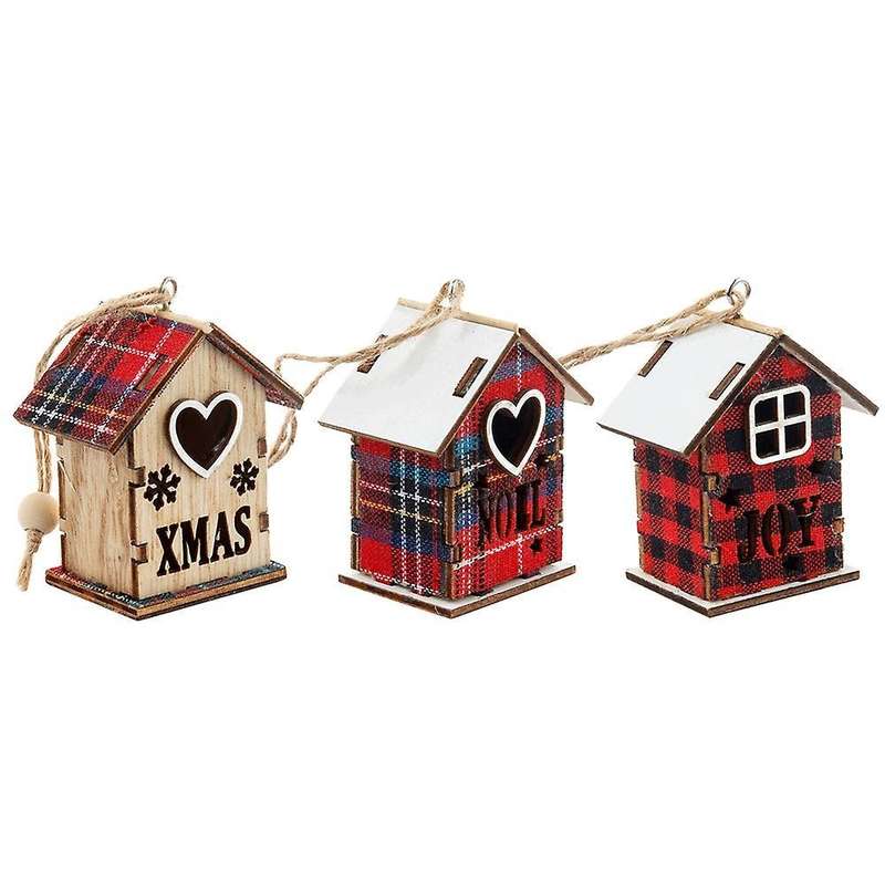 3 Pcs Christmas Hanging Ornament Wooden Cabin Shape Hollow Design , B