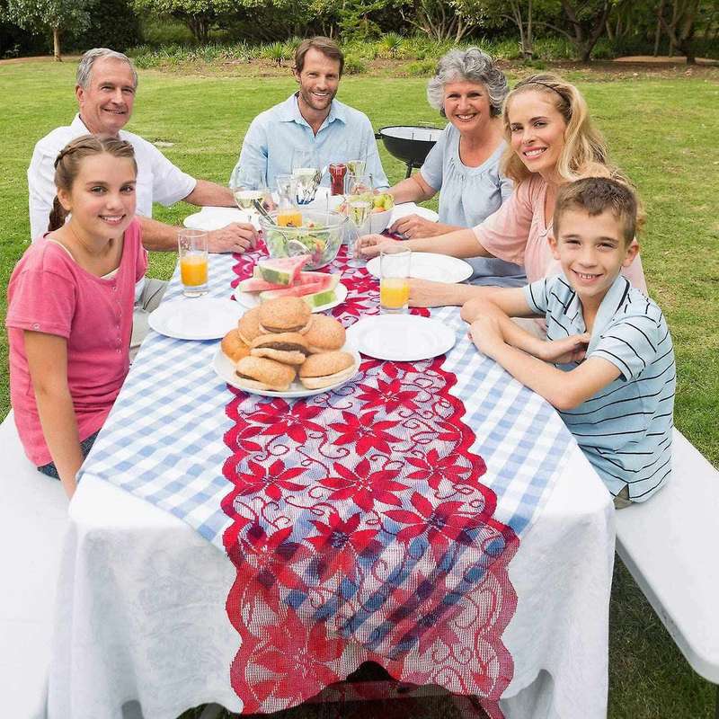 Christmas Table Runner with Red Leaves Lace Decoration for Parties