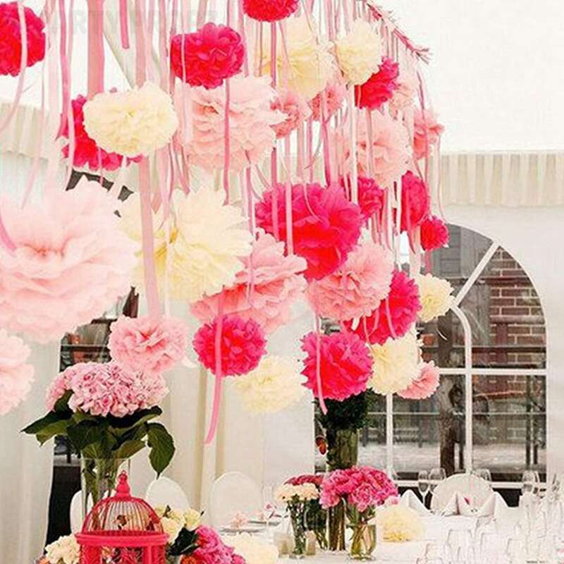 9 Pcs/set Mixed Tissue Paper Pom Poms Flower Party Decoration ( Pink)