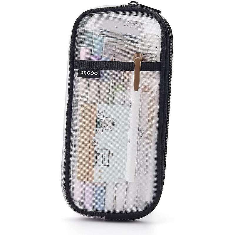 Angoo Grid Mesh Pen Pencil Case with Zipper Clear Makeup Pouch, Black